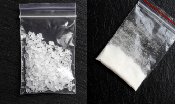 Bags containing methamphetamine crystals and cocaine