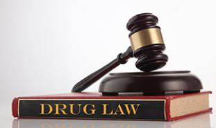 drug law graphic - gavel on top of book with 'drug law' written on it
