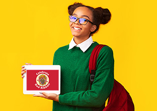 teen girl holding tablet with Red Ribbon Celebration written on it